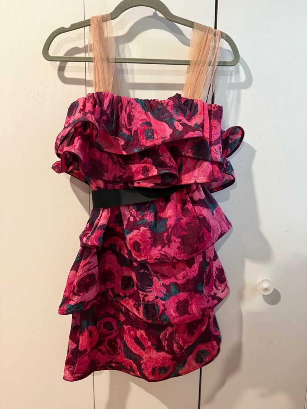 Lanvin H’M Pink Floral Tiered Ruffle Dress with Sheer Nude Straps